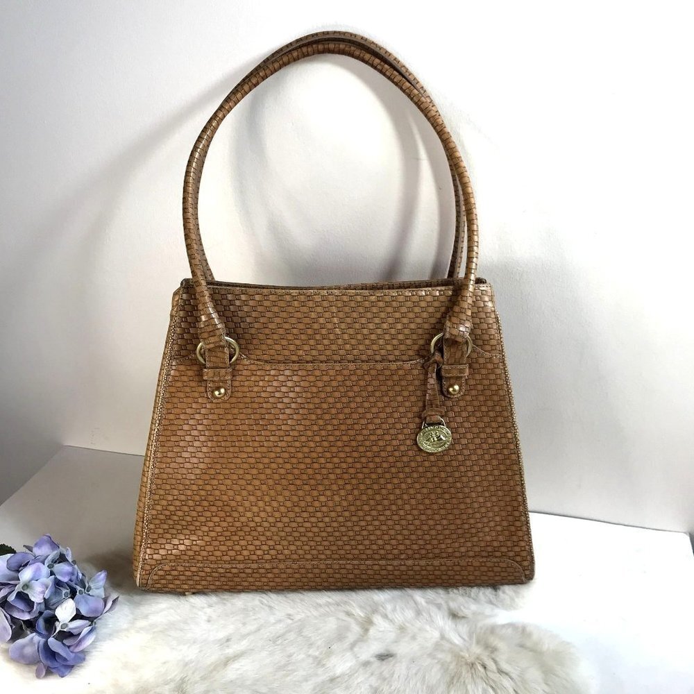Brahmin Vintage Authentic Satchel Bag in Tan Woven Stamped Print Large